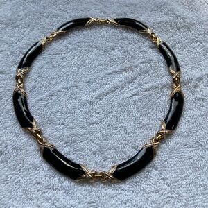 Sarah Coventry Black Enamel Gold Box Chain Choker Necklace